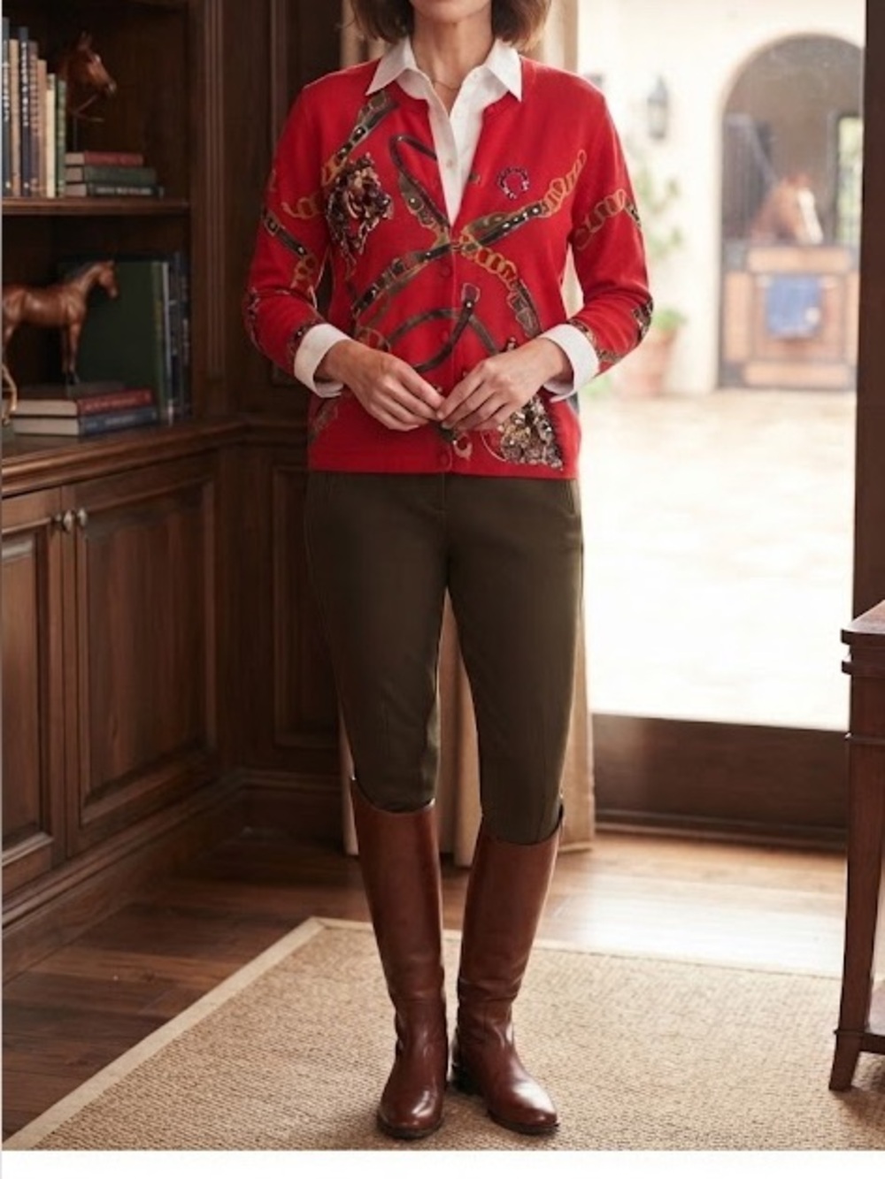 Red Sequin Equestrian-Print Cardigan